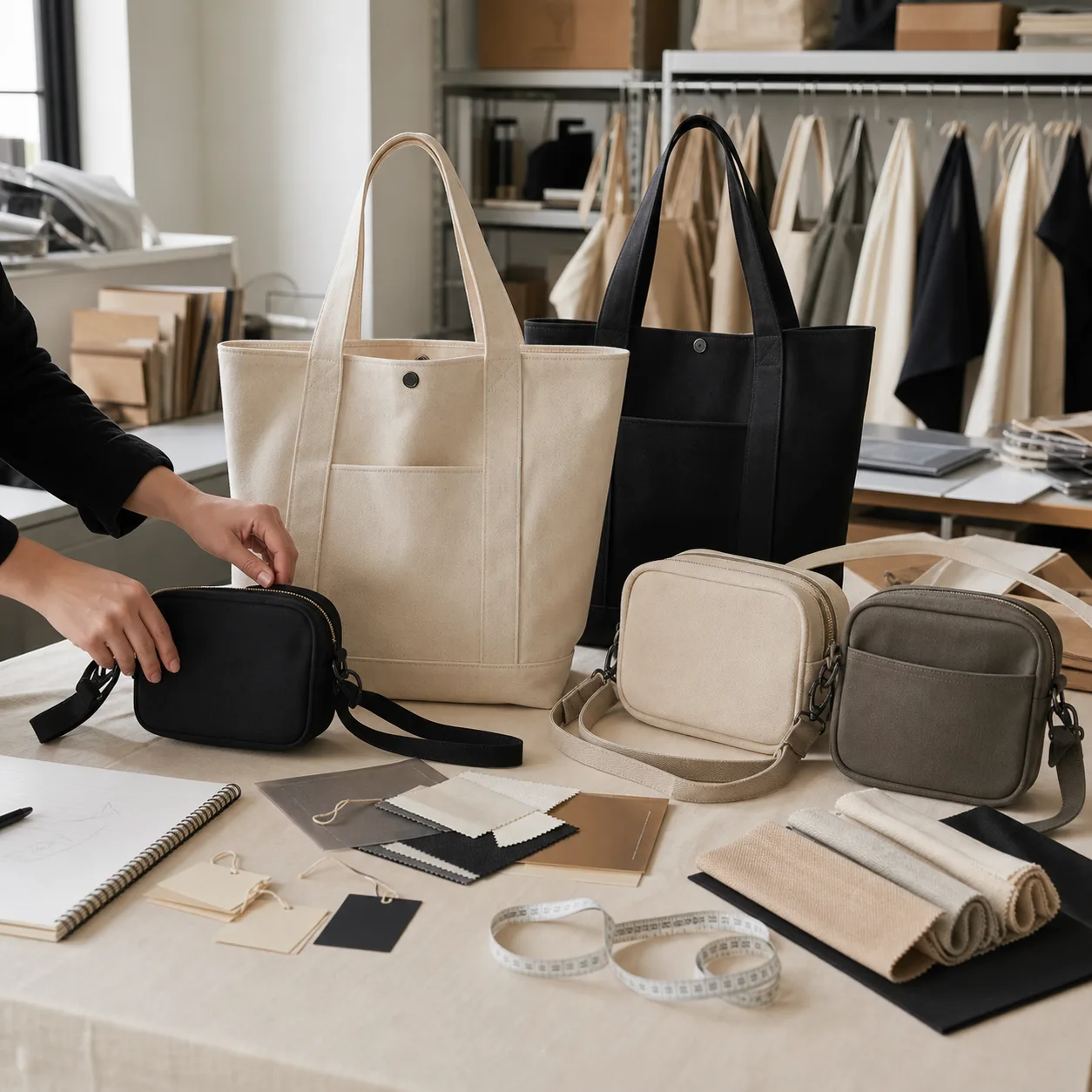 Canvas tote bags and small crossbody bags on a sample-room sourcing table
