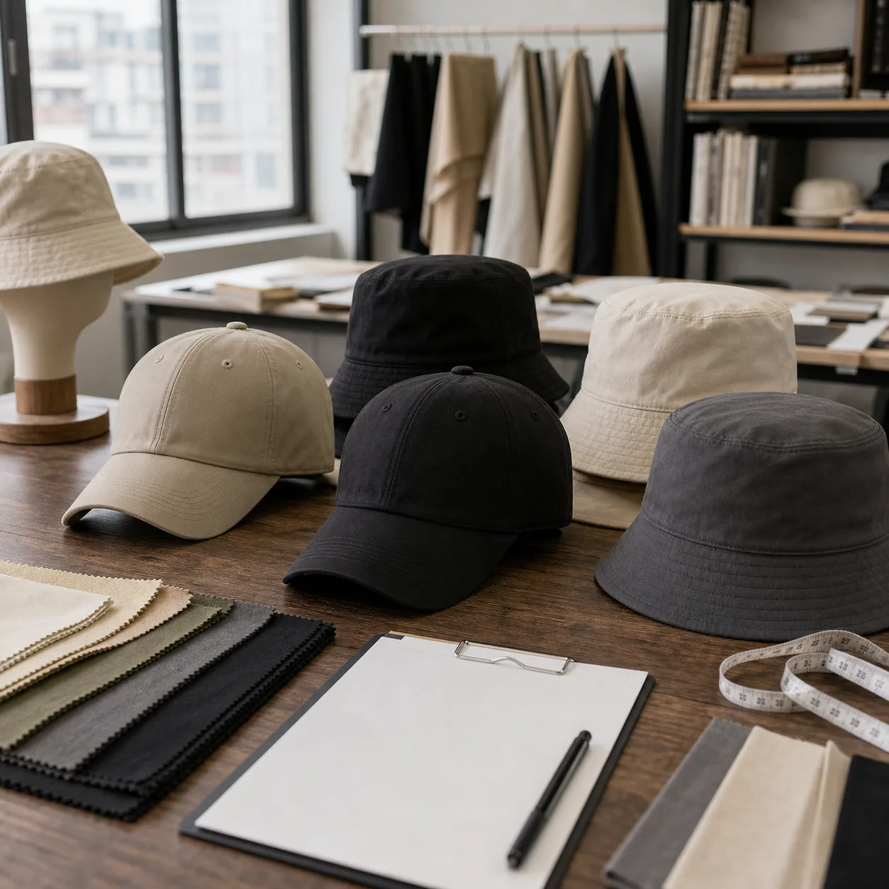Neutral caps and bucket hats arranged with fabric swatches and sourcing notes