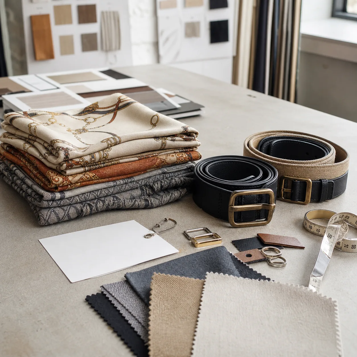 Scarves and belts on a fashion sourcing table with hardware and fabric swatches