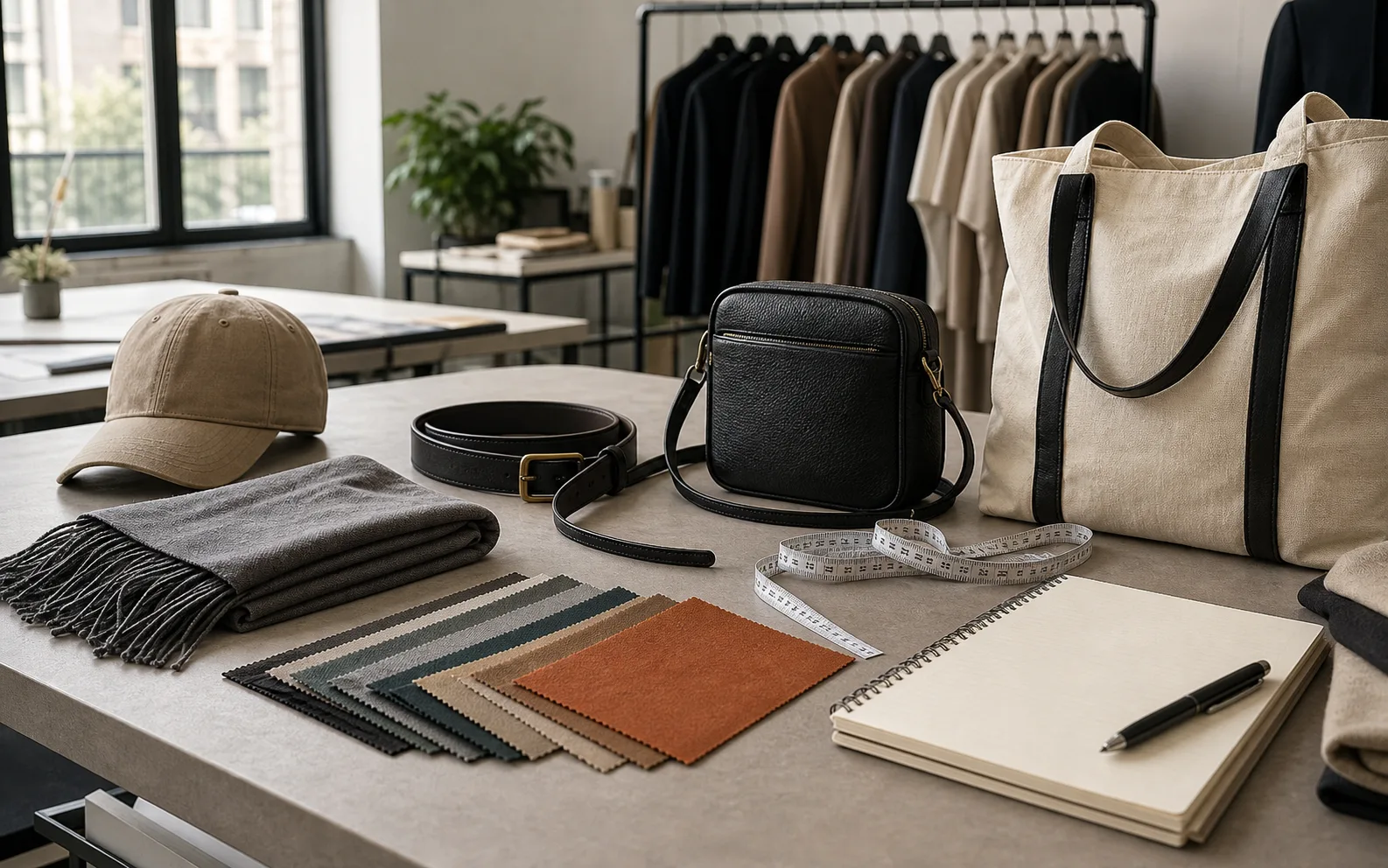 Fashion accessories sourcing table with cap, scarf, belt, tote bag, small bag, swatches and blank project notes