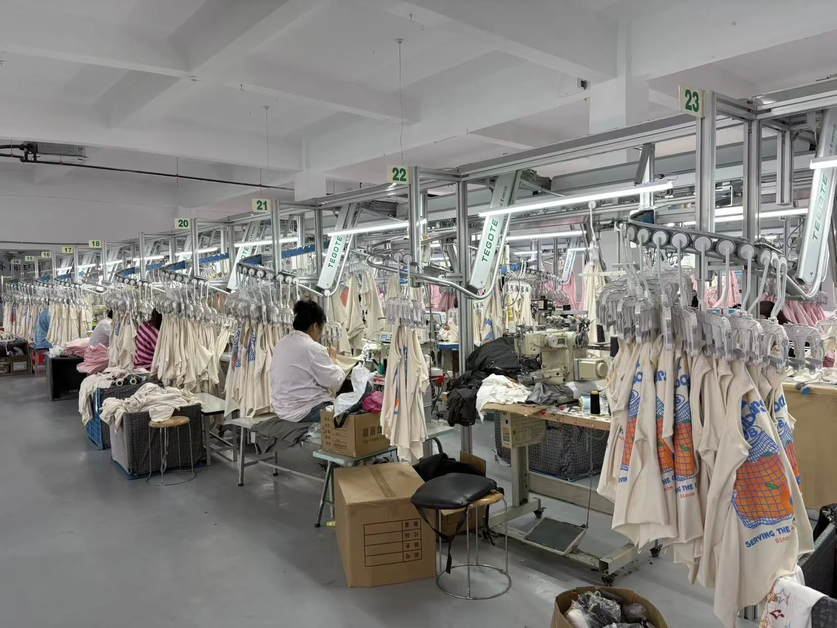 Canton Fashion garment production floor with numbered sewing stations and garments in progress