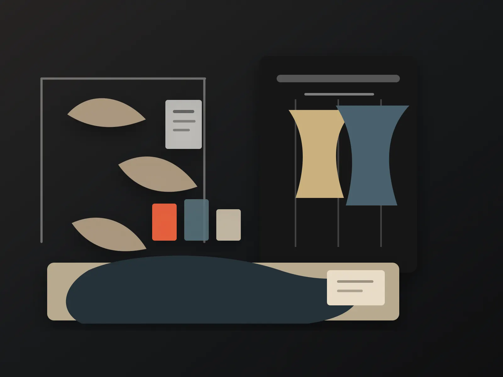 Pattern making and grading table with sample garment, paper pattern, fabric swatches and measurement notes