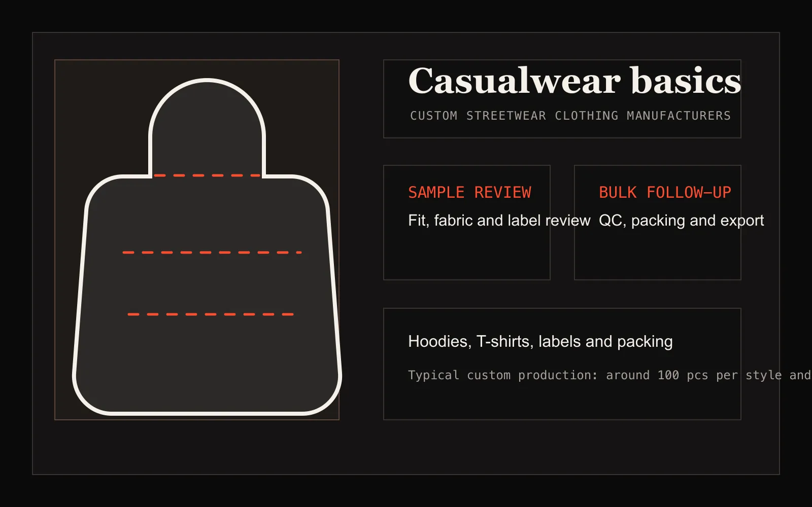 Casualwear basics production board for custom streetwear clothing manufacturers