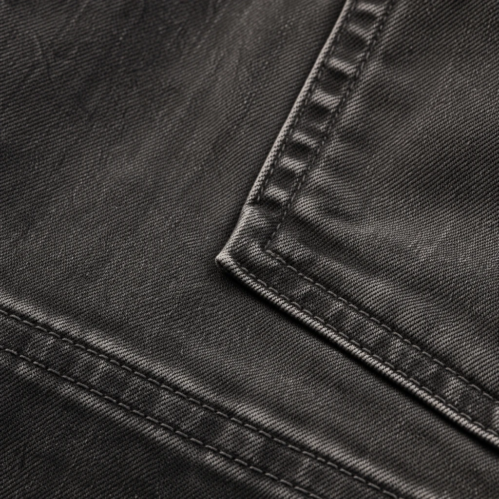 Stone washed garment surface with worn denim texture