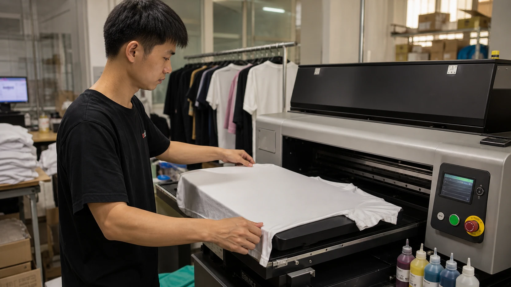 Chinese garment worker preparing a finished T-shirt for DTG printing