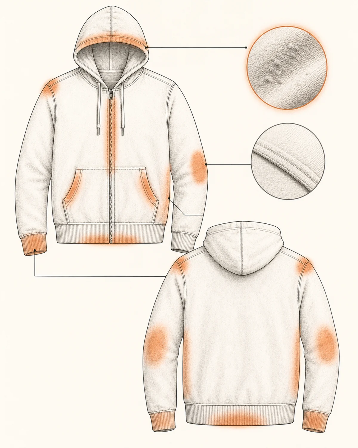 Garment areas where wash effect or damage can concentrate