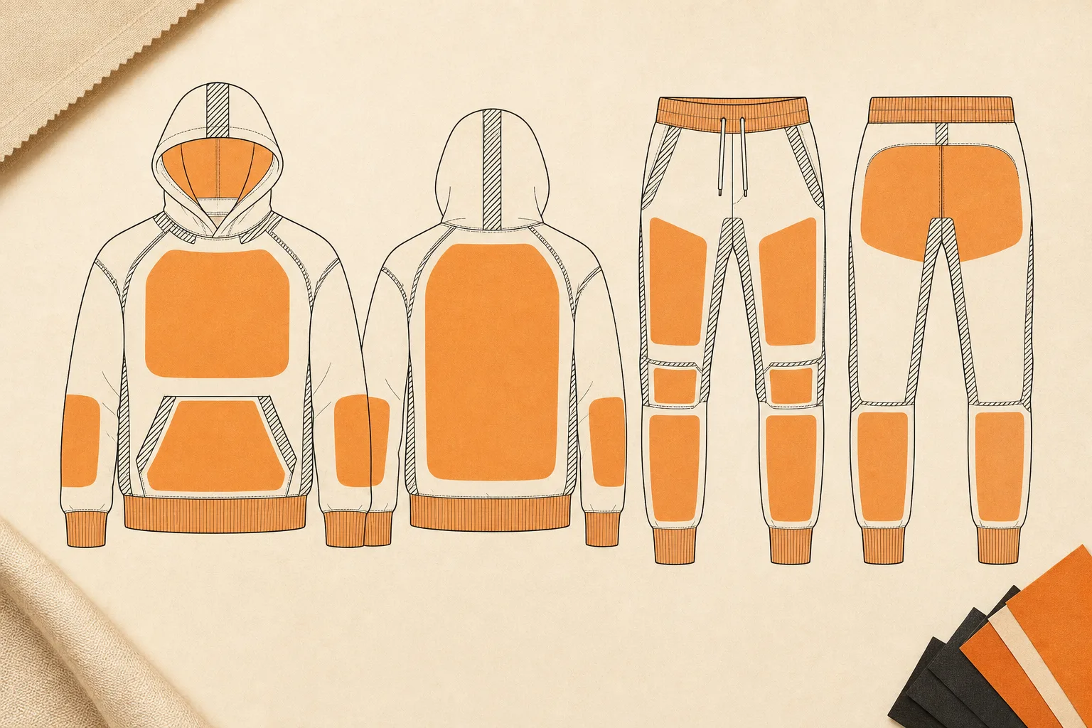 Garment map of flat, stretch, seam and abrasion zones for flock placement