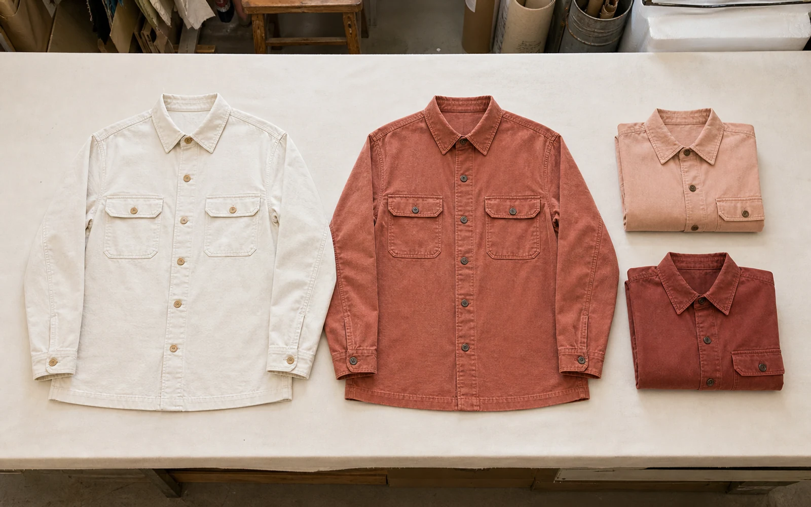 Undyed and garment-dyed versions of the same style