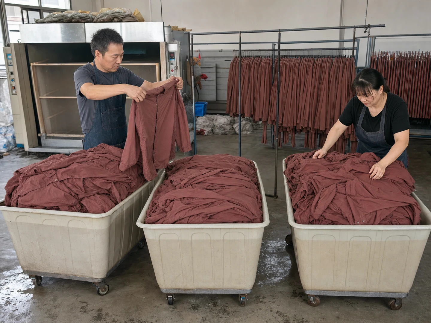 Handling garments after rinsing, extraction and drying