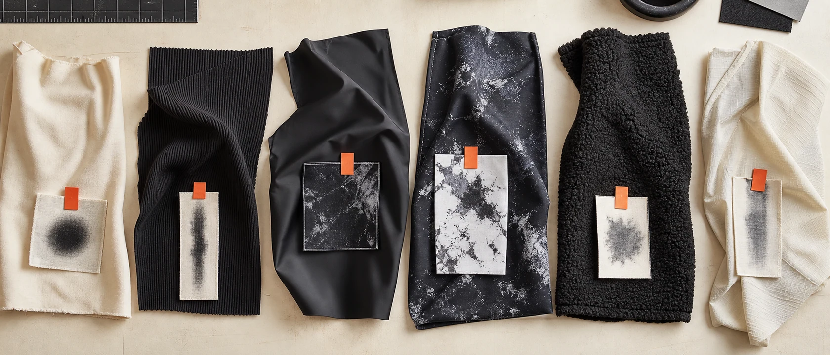 Six fabric conditions displayed with small transfer test pieces