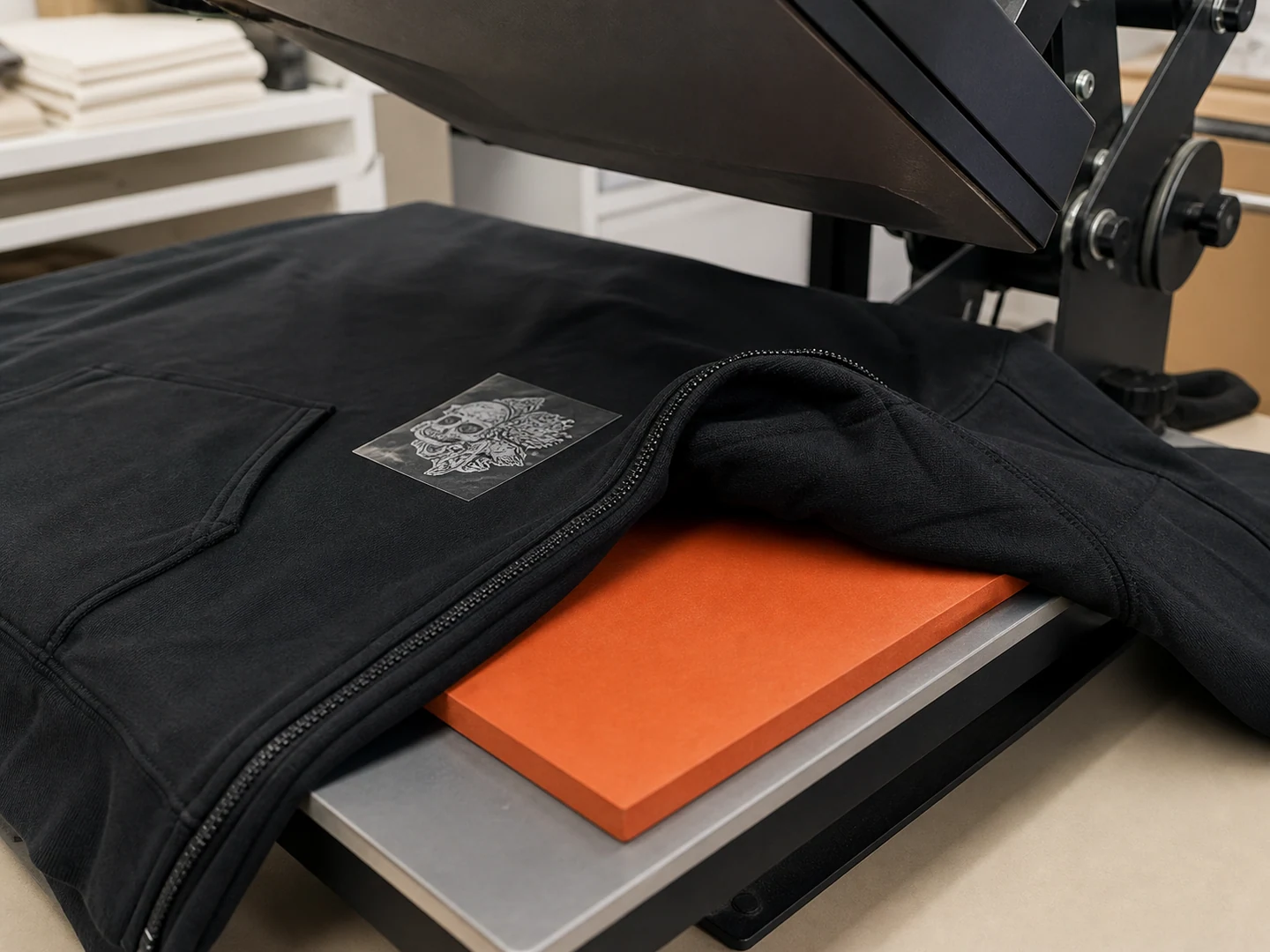 Zip, pocket and seam lifting part of a garment away from the platen