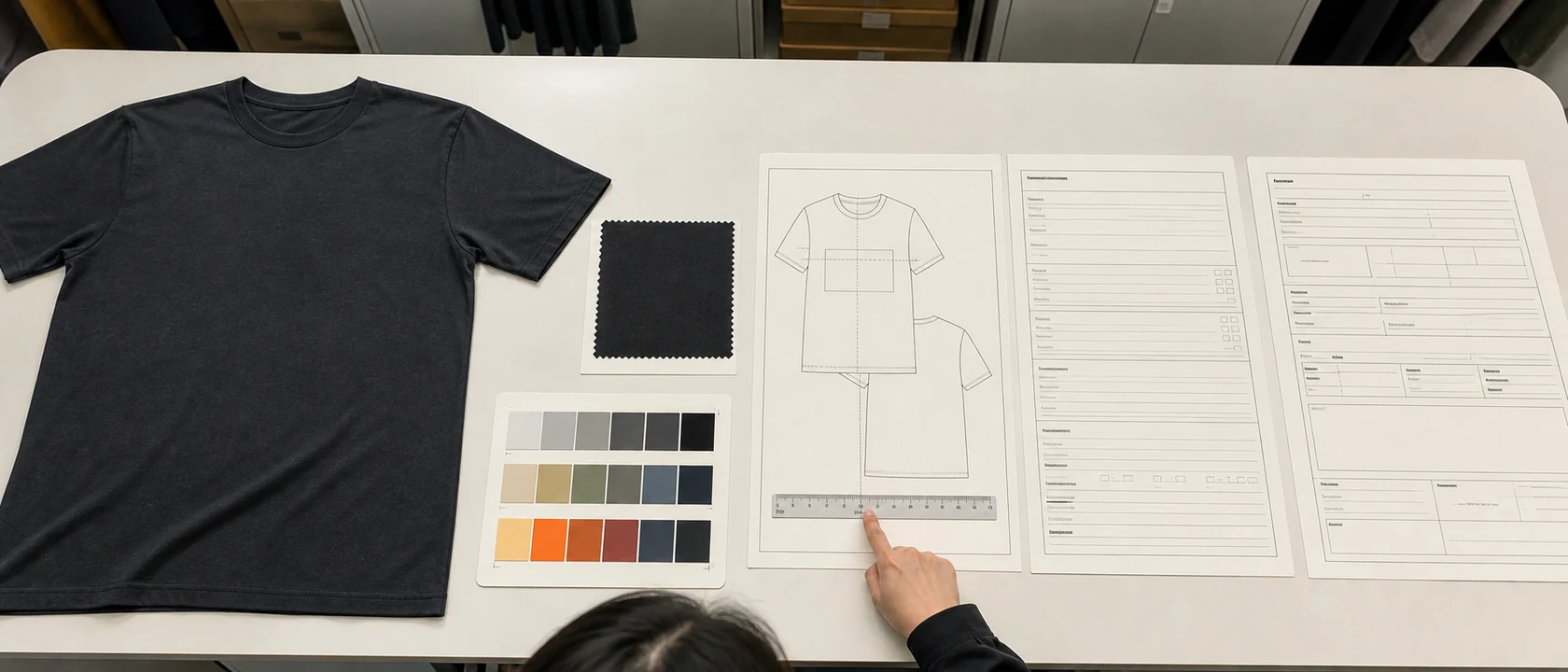 Garment sample, material card, press record and placement measurement together