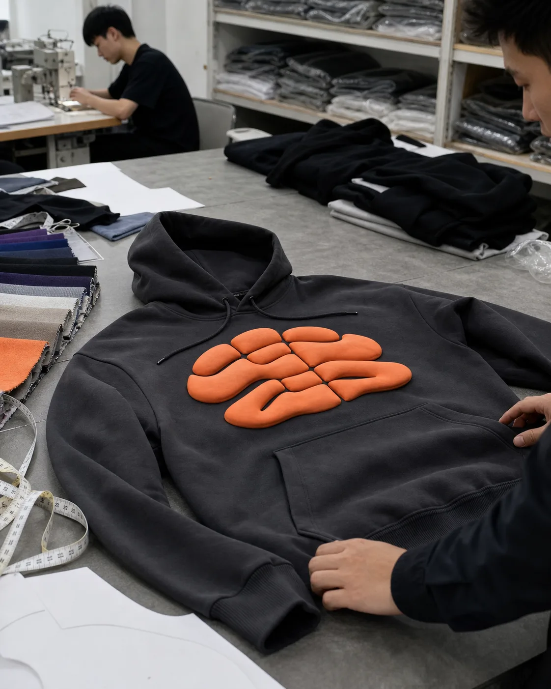 Puff print hoodie sample in a Chinese apparel sample room