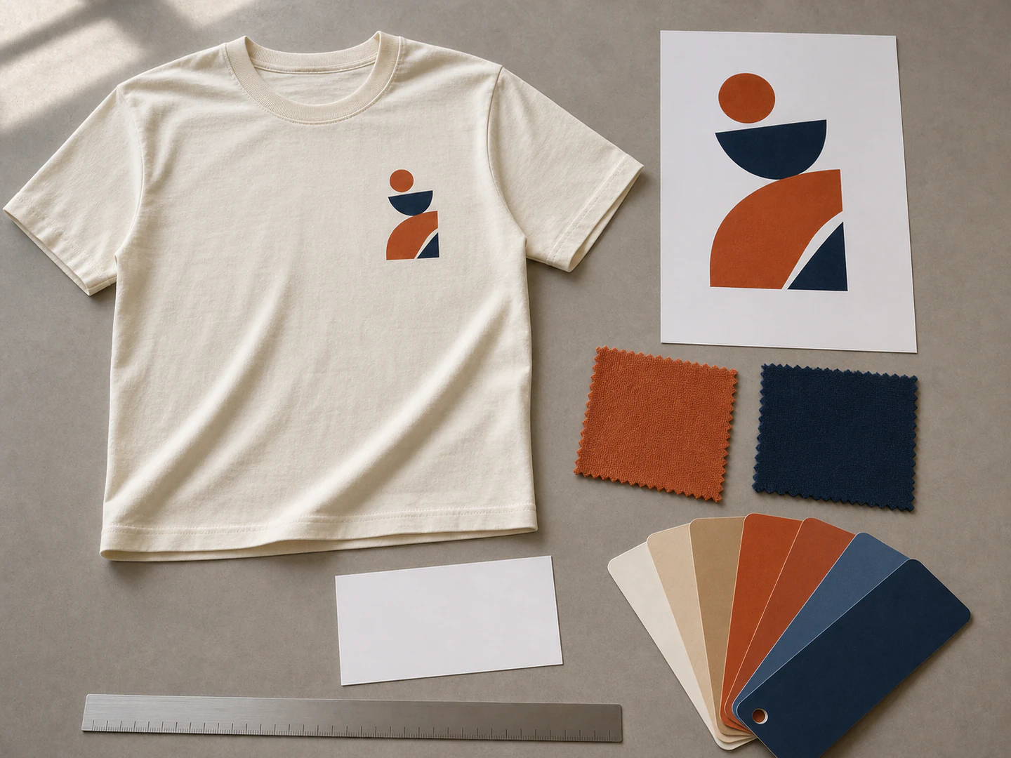 Screen-print buyer brief with artwork, fabric, colour reference and sample garment