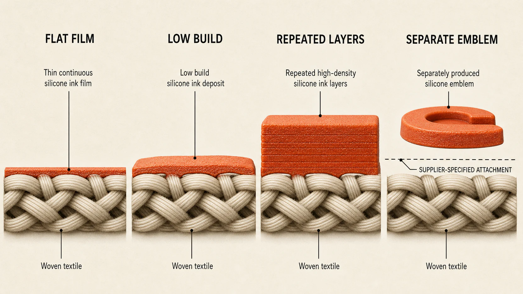 Cross sections of direct silicone builds and a raised emblem with supplier-specified attachment