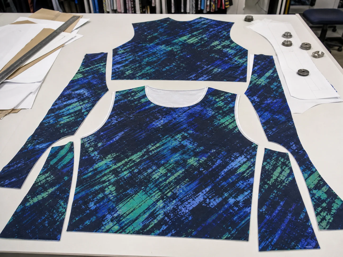 Sublimated garment panels arranged for cut-and-sew production