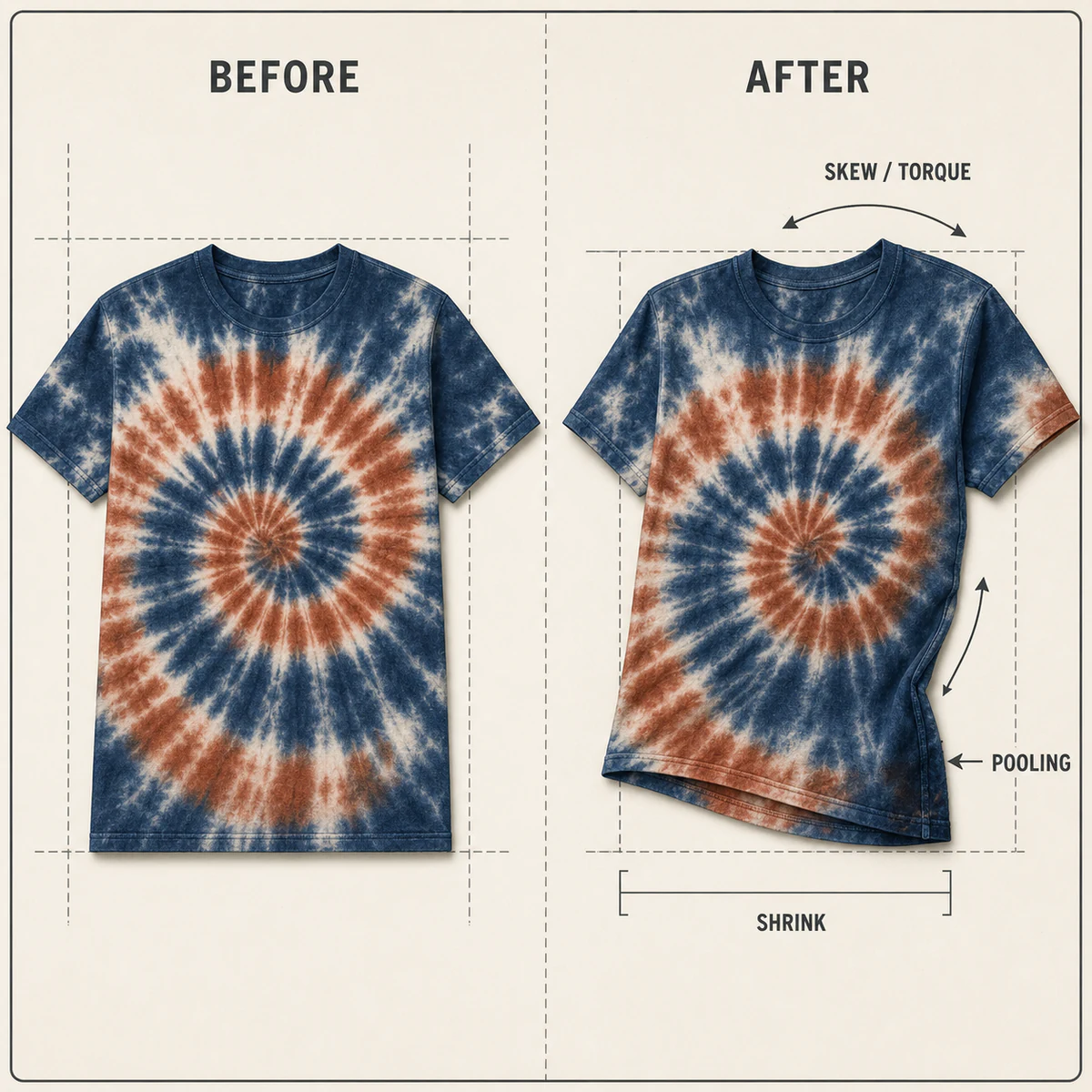 Tie-dye seam pooling and dimensional change risks after wet processing