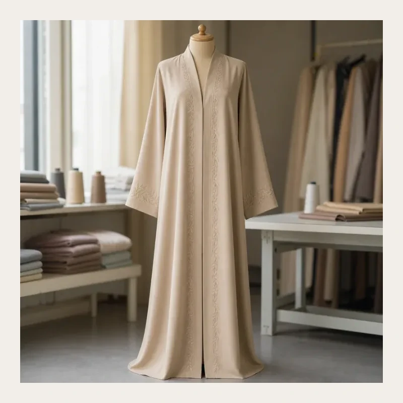 Beige embroidered abaya project preview generated for Canton Fashion.