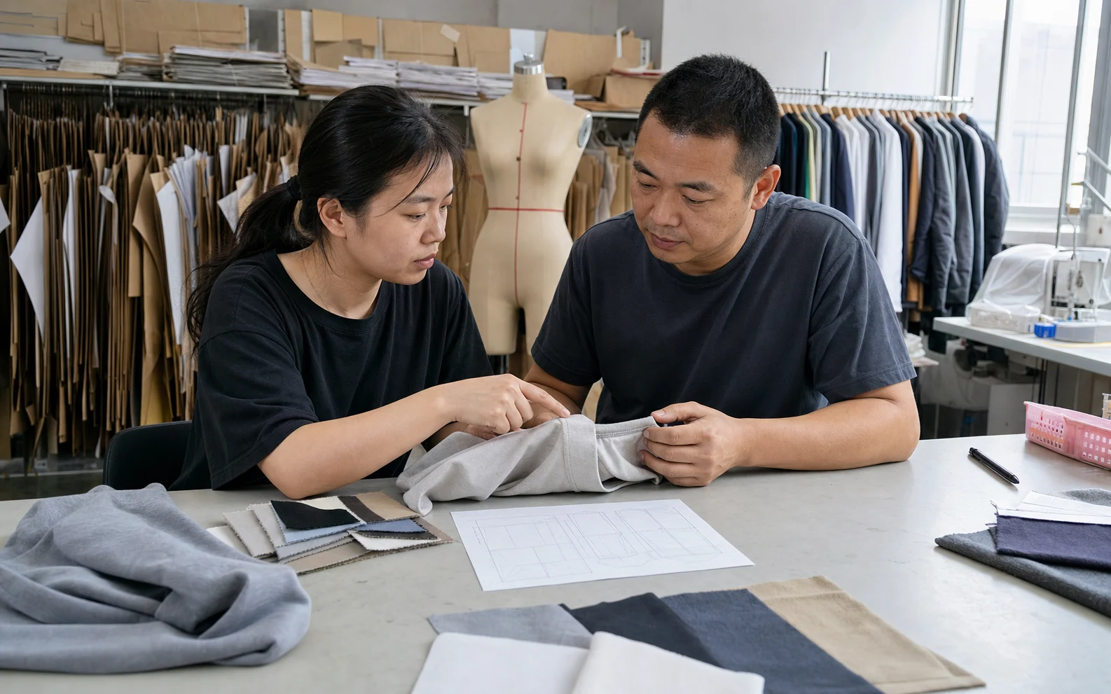 Apparel project consultation with garment reference and material swatches