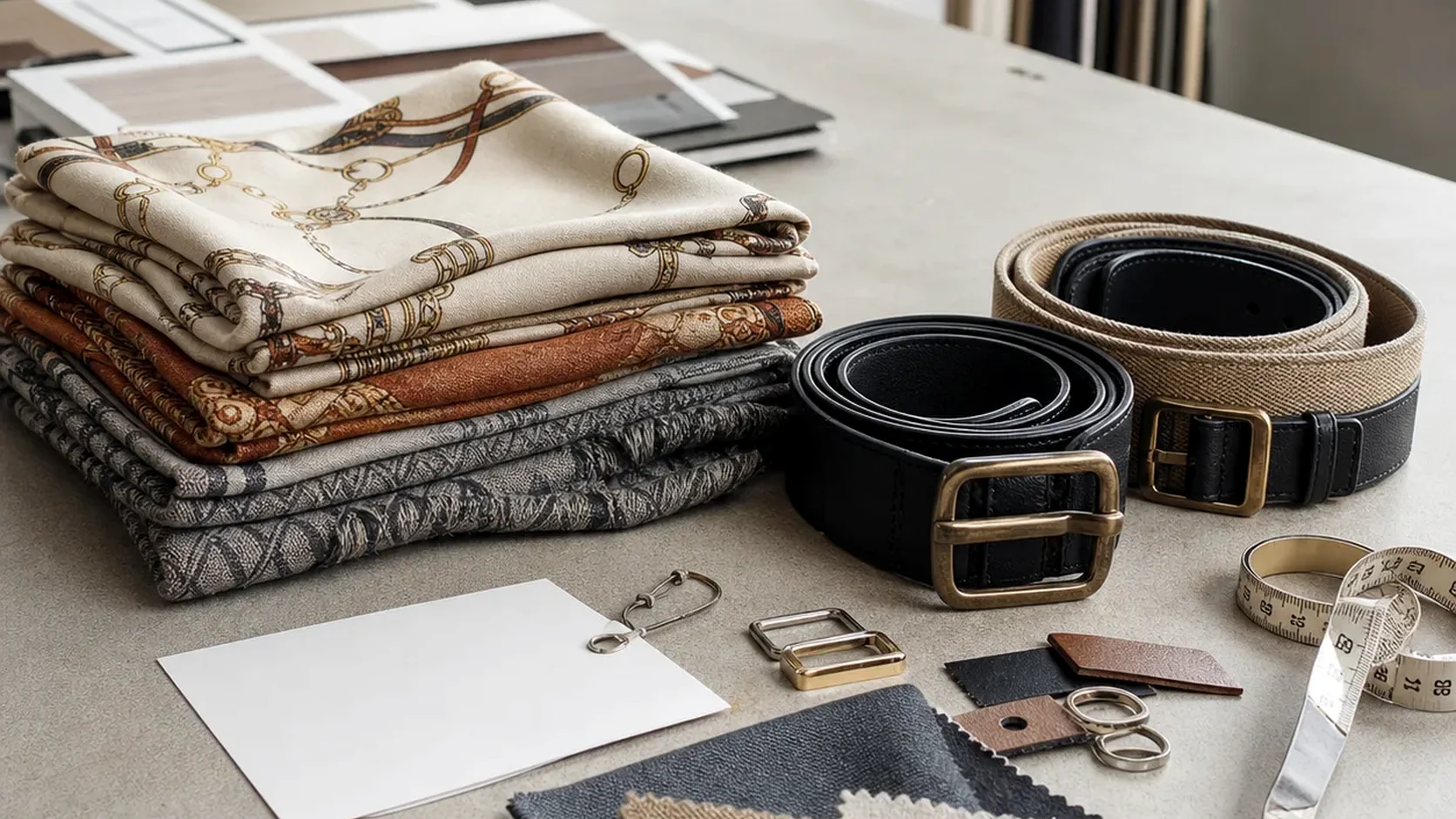 Scarves and belts accessory sourcing workflow with reference samples.