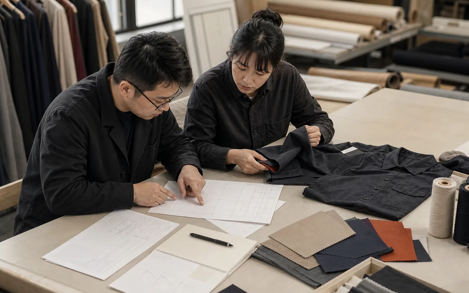 Apparel quality coordinator reviewing project documents beside garment samples