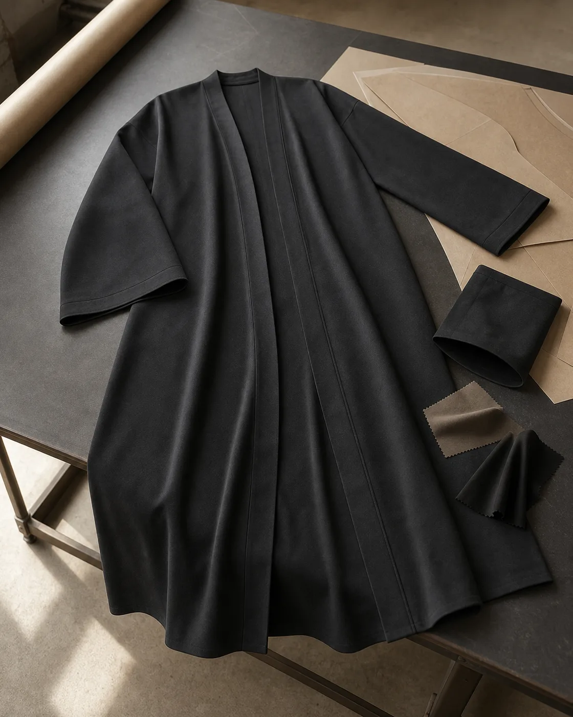 Abaya garment with fabric and silhouette references on a worktable