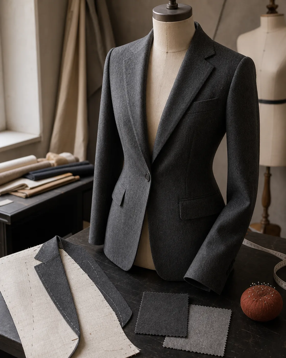 Blazer garment with lapel and tailoring references on a worktable