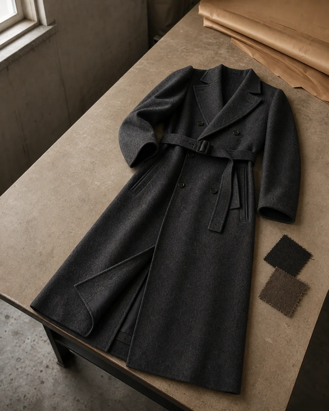 Coat garment with outer fabric and construction references on a worktable