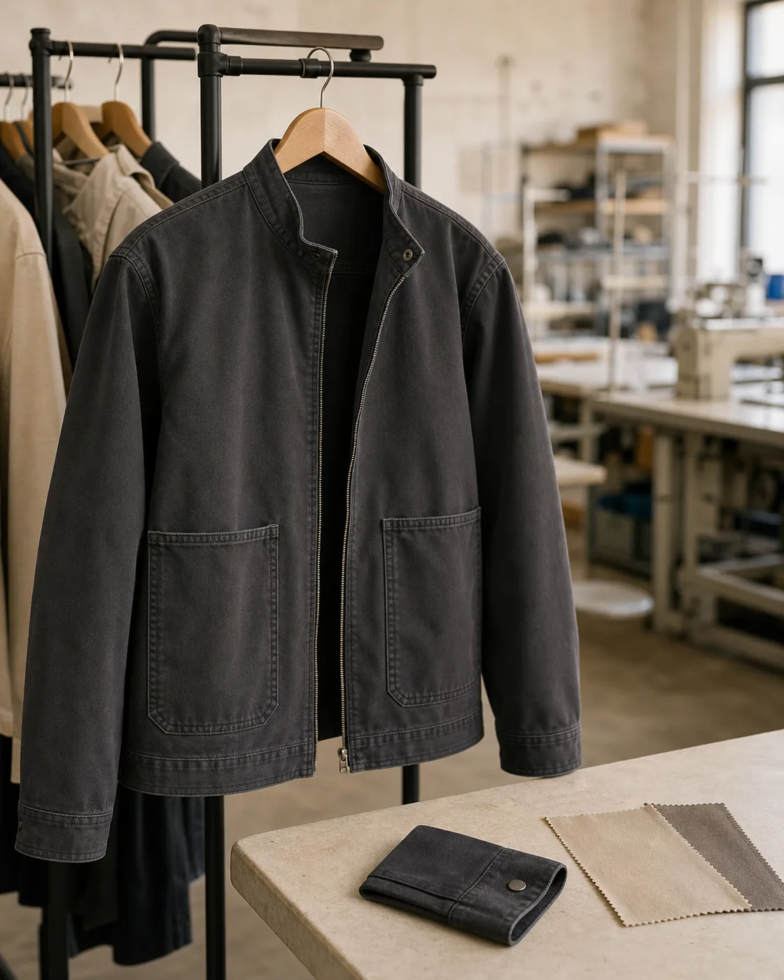 Jacket garment with closure and pocket references on a worktable