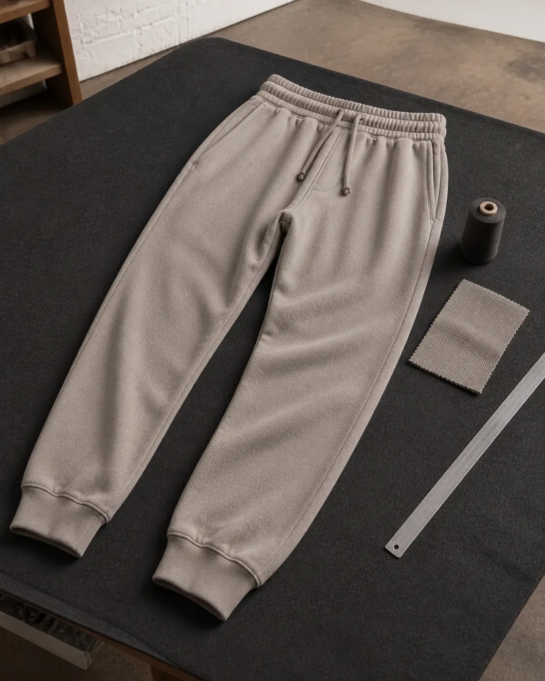 Joggers with rib, fabric and measurement references on a worktable