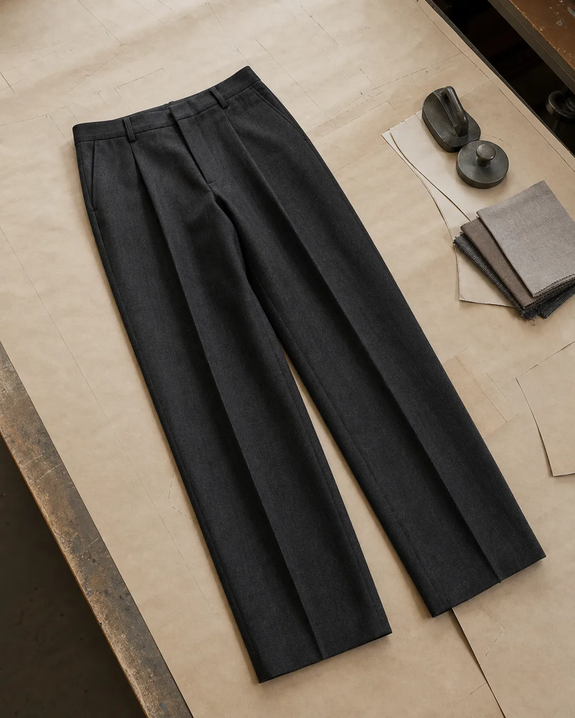 Pants garment with waistband and pattern references on a worktable
