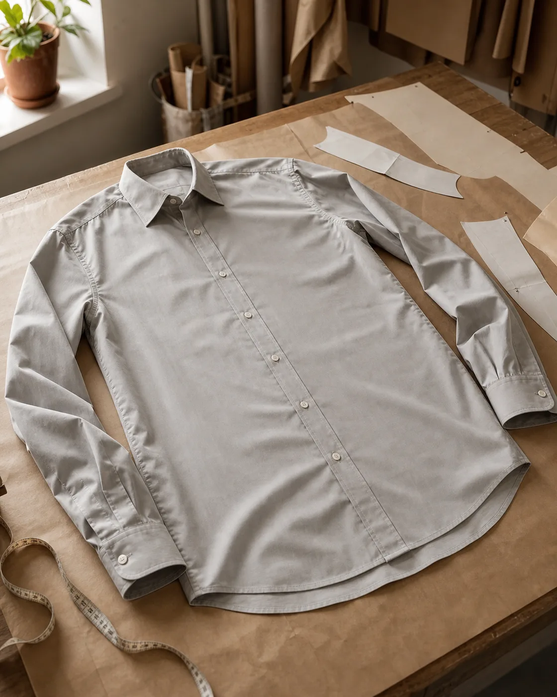Shirt garment with collar and cuff references on a worktable