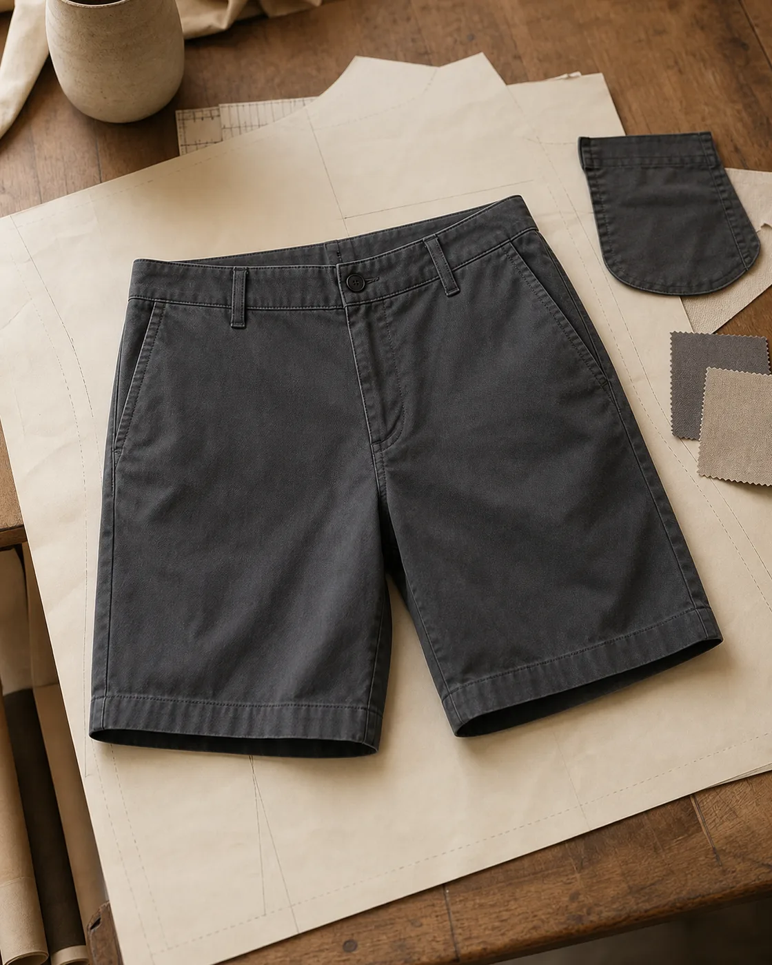 Shorts garment with pocket and material references on a worktable