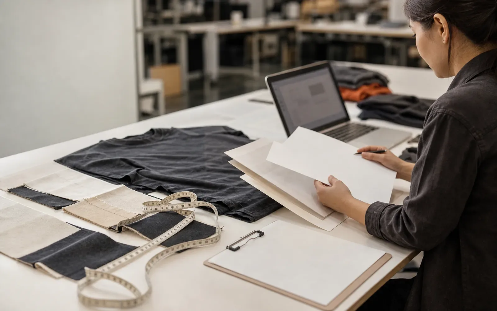 Sample room with patterns, fabric and garment fit review
