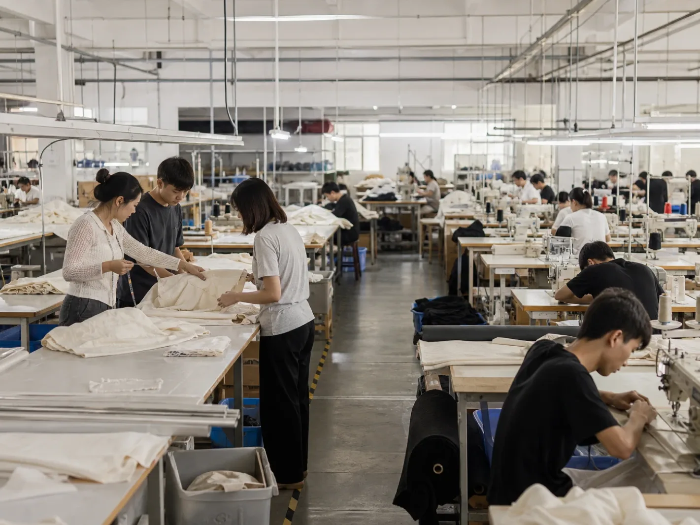 Apparel production team working on a sewing floor