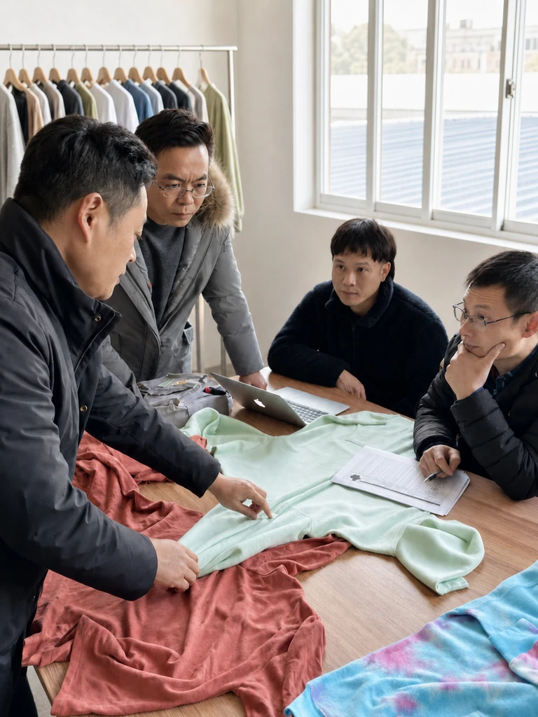 Chinese apparel team reviewing garment quality points around a sample table