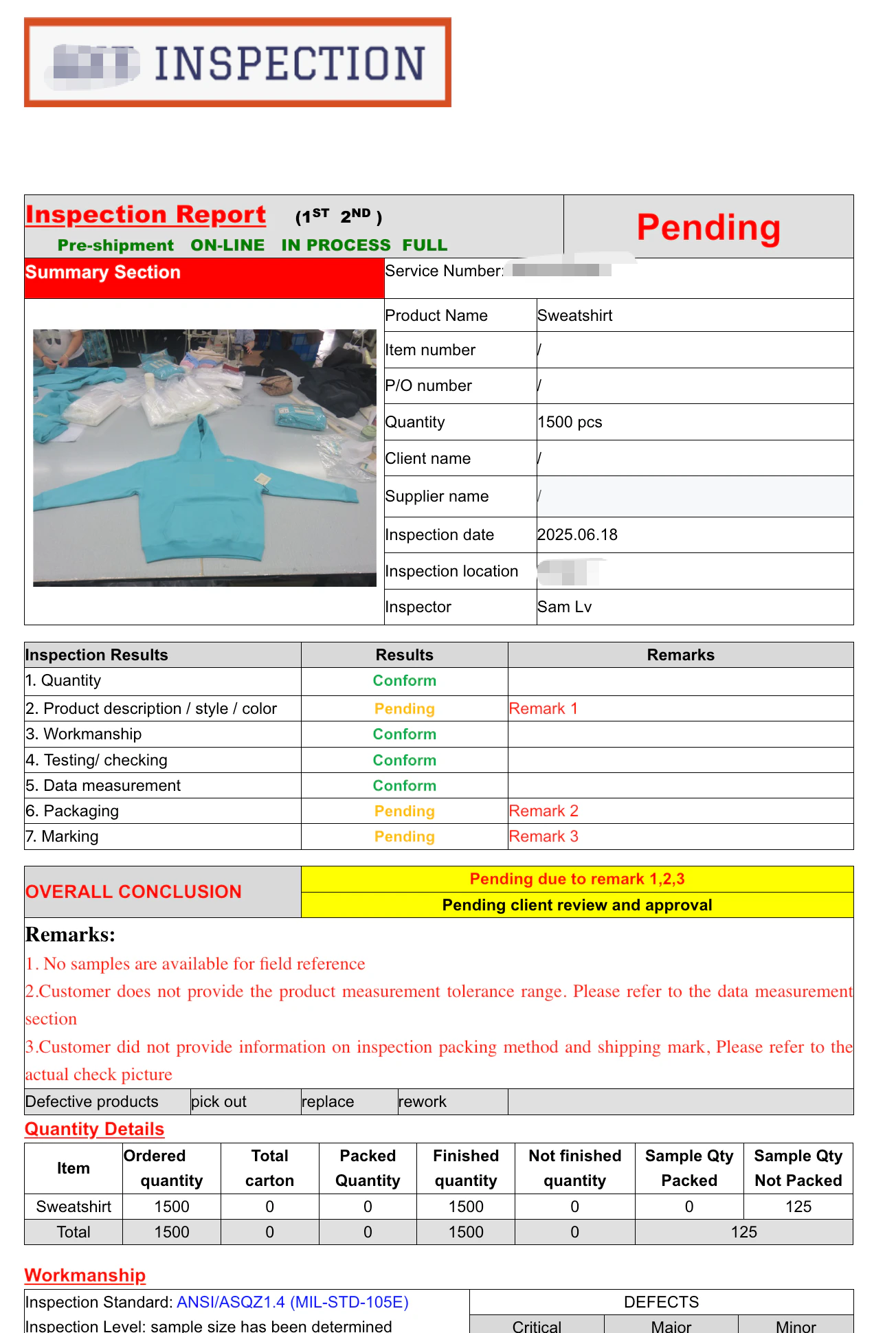 Garment inspection report with production checks and remarks