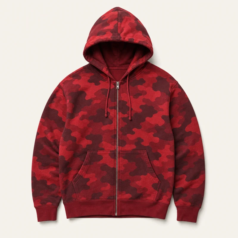 Unbranded red camouflage zip hoodie.