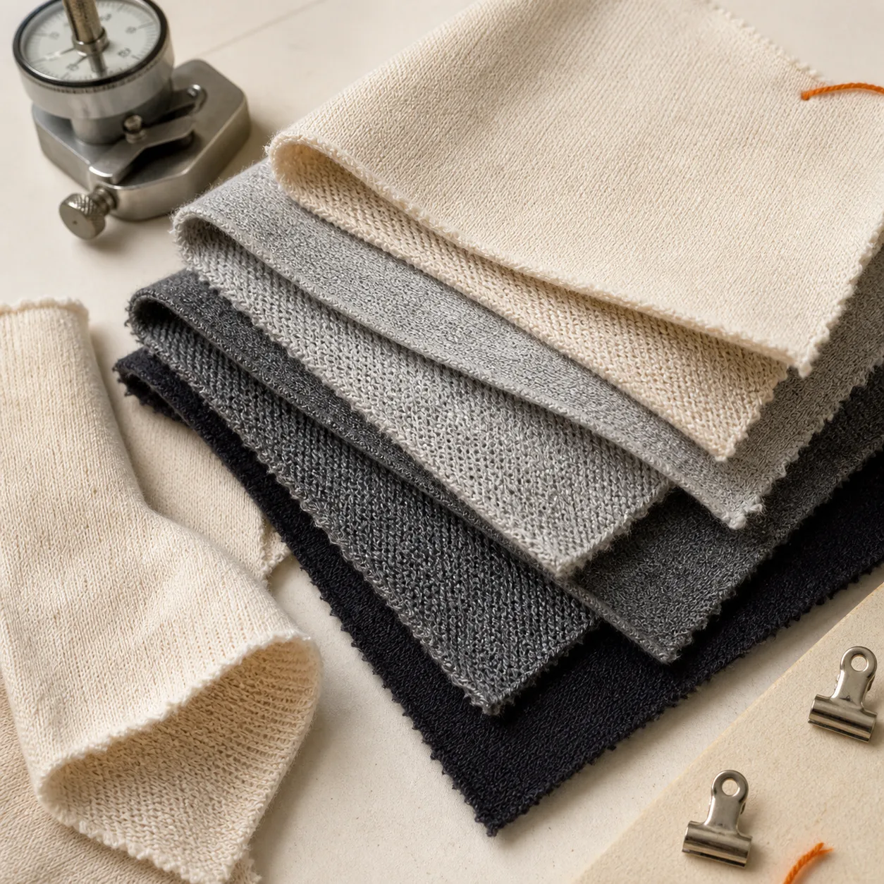 Loopback knit swatches arranged to compare texture, thickness and drape for hoodie development.