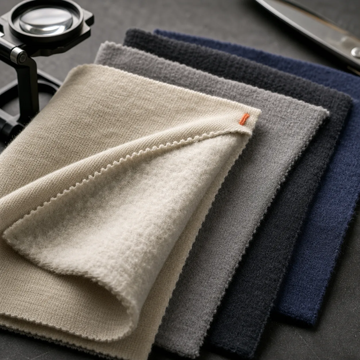 Brushed fleece swatches arranged to compare face, inner pile, thickness and drape.