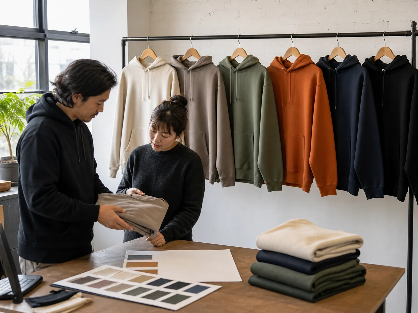 A sample-room team reviews approved neutral hoodie samples beside a rail of completed garments.