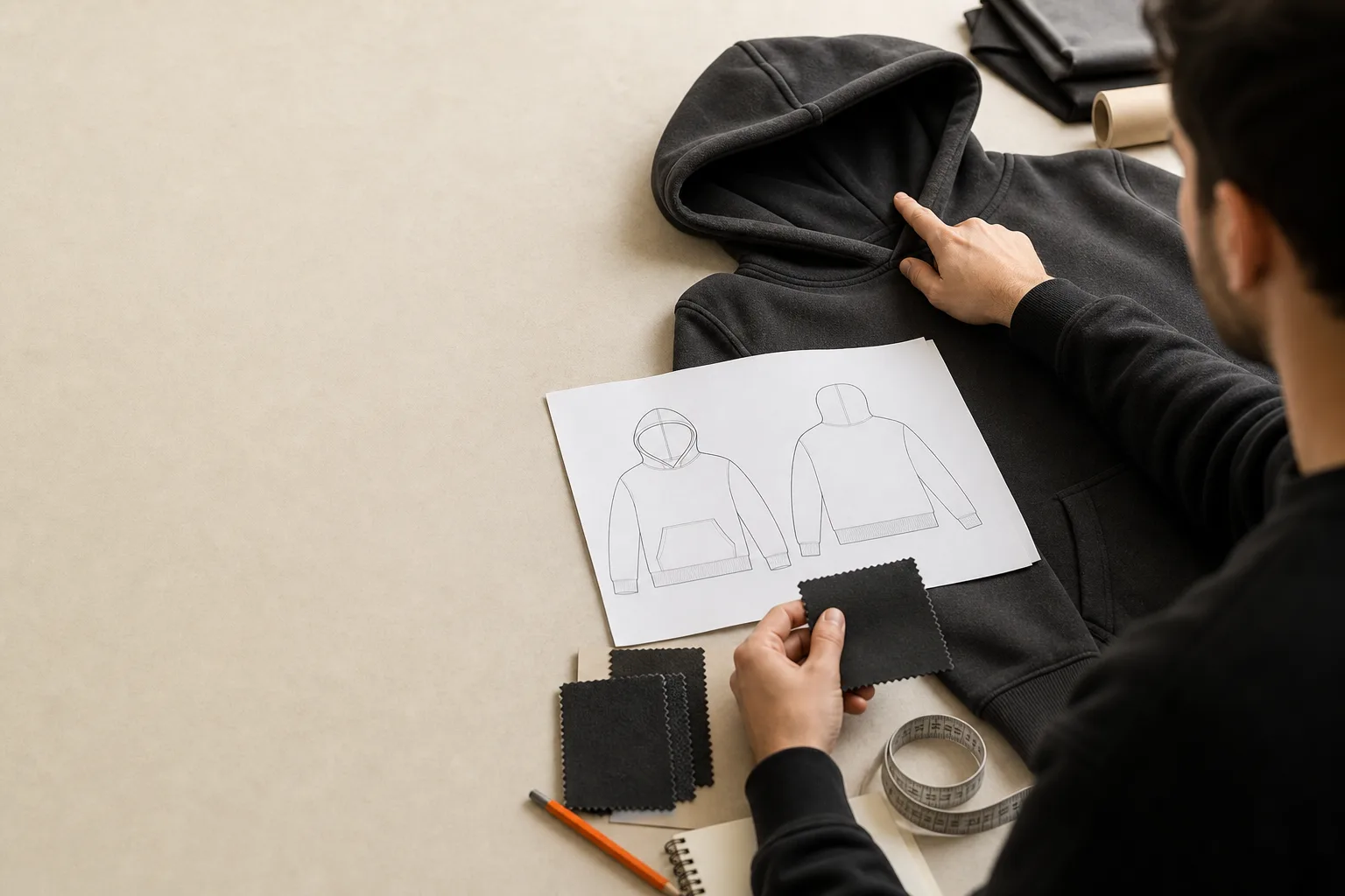 A buyer reviews a charcoal hoodie sample, technical flat and fabric swatches before submitting a project brief.