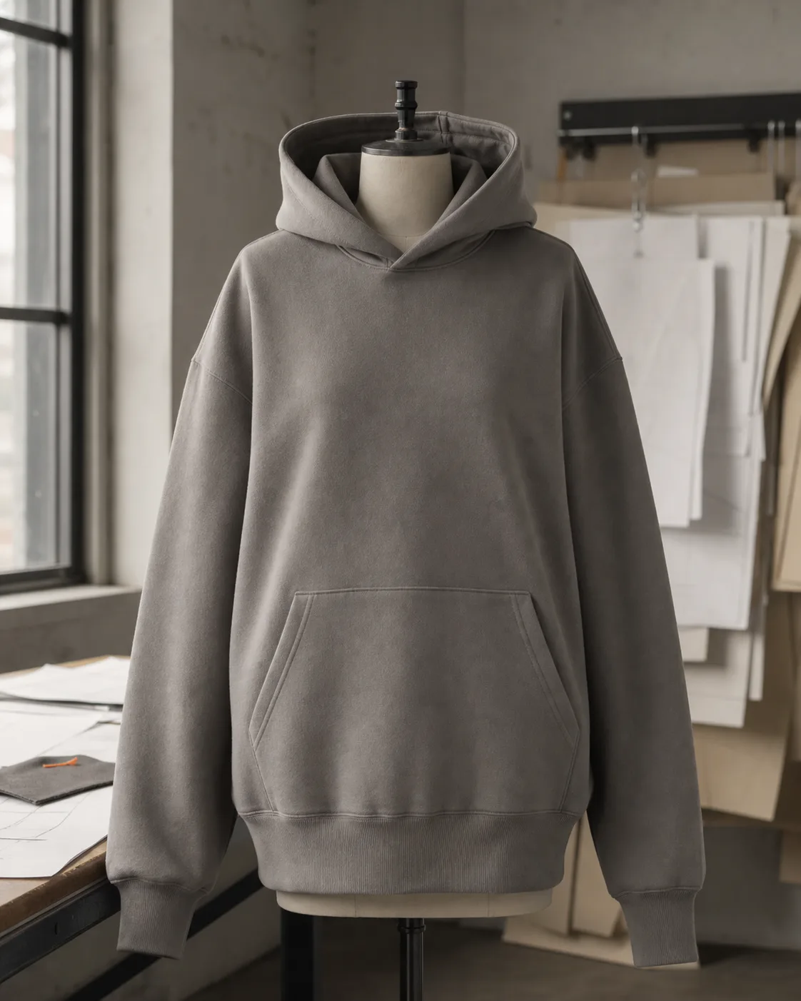 Oversized pullover hoodie sample on a dress form in an apparel sample room.