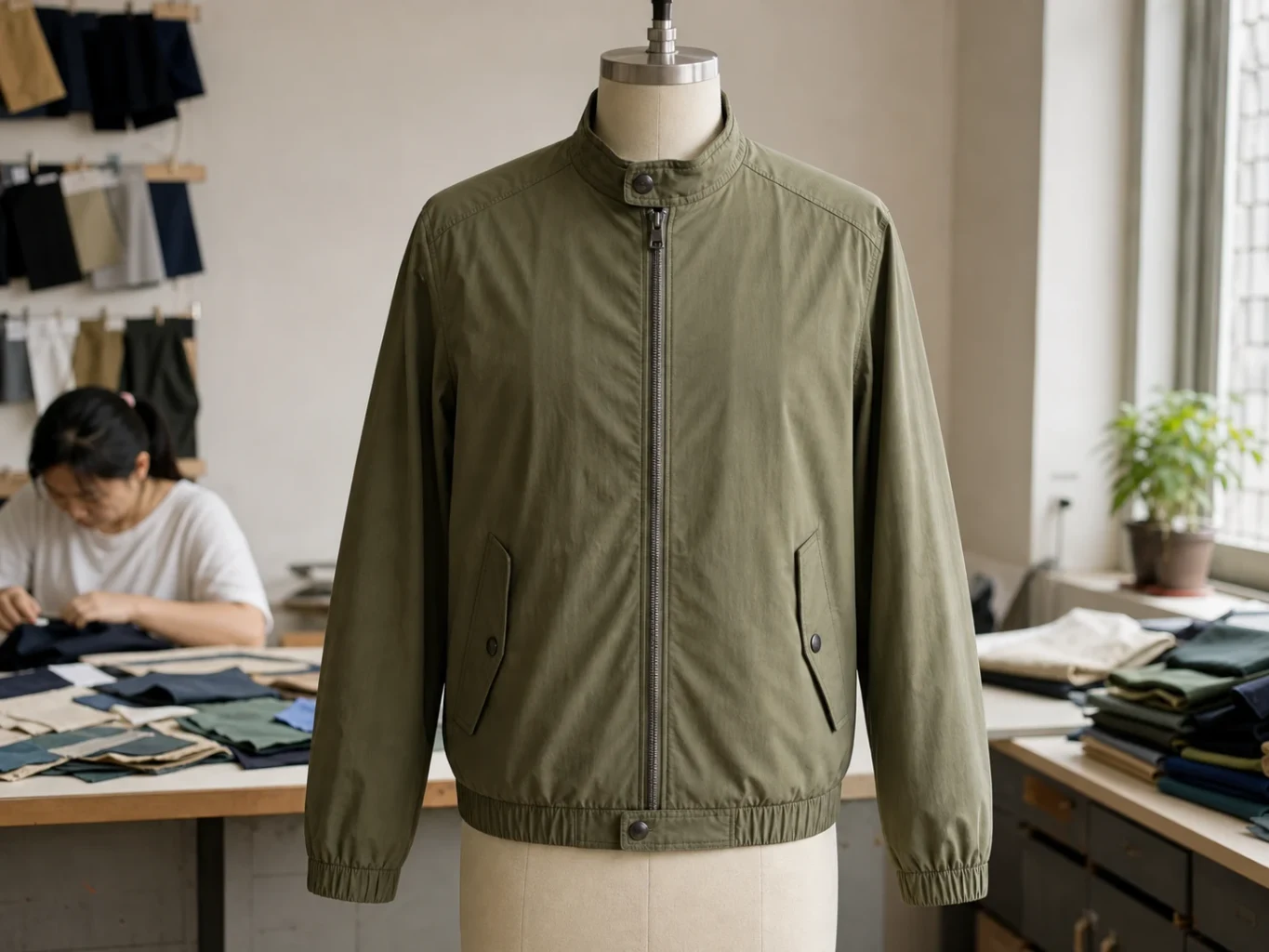 Finished olive jacket shown in full on a dress form.