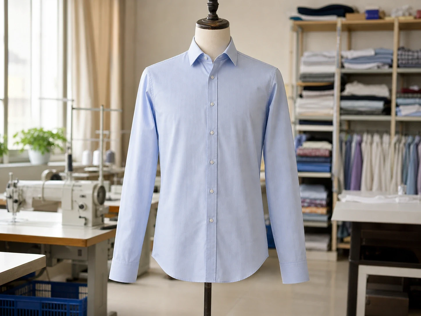 Finished light-blue long-sleeve shirt shown in full on a dress form.