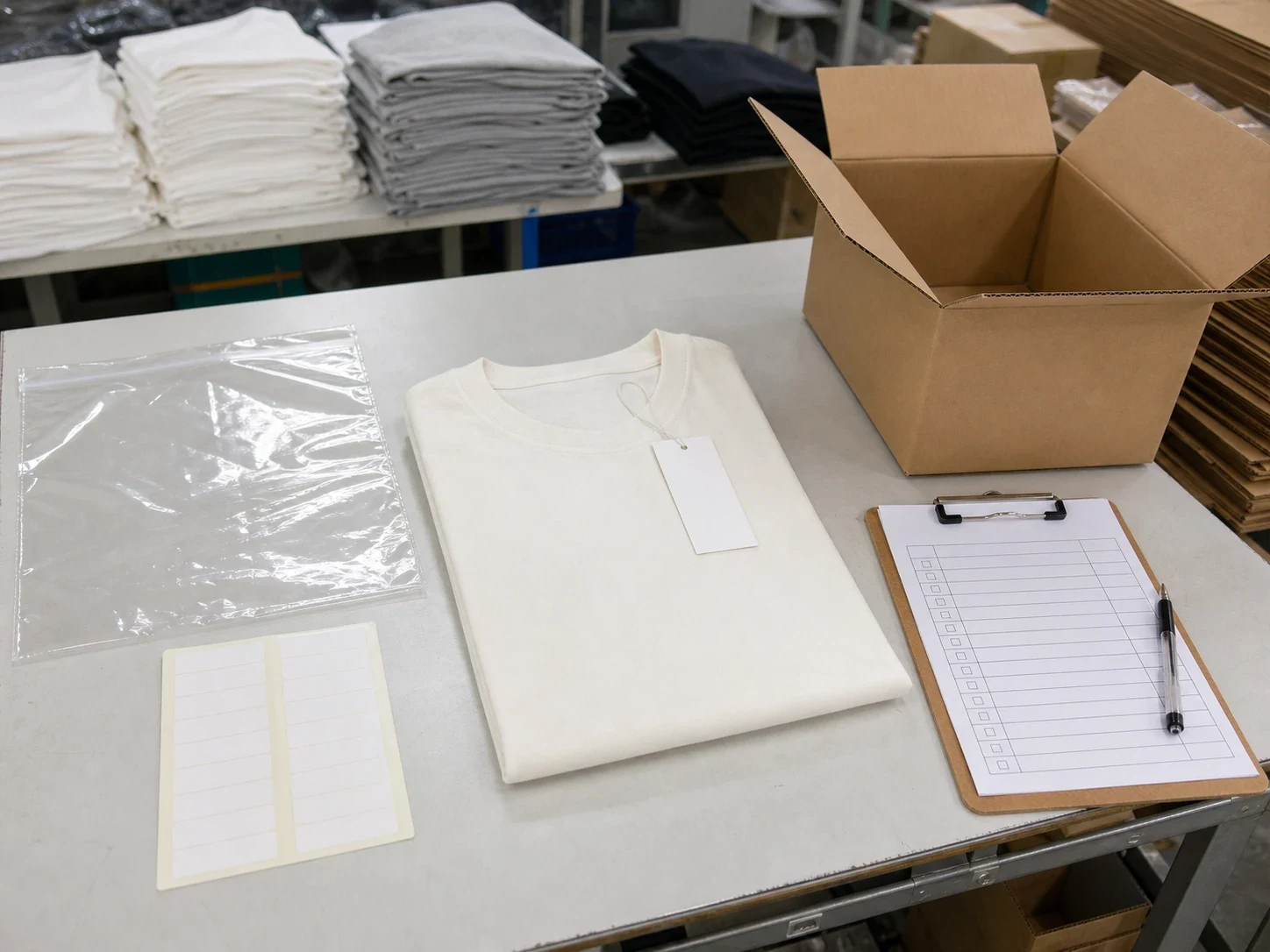Folded off-white T-shirt, clear polybag and open carton prepared for a packing check.