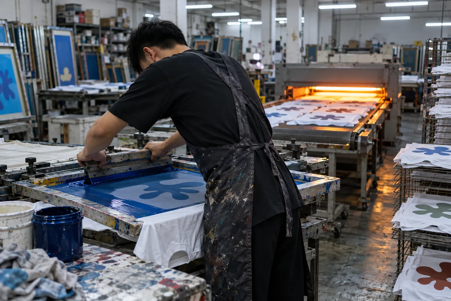 Trabajador pasando una rasqueta por un bastidor de serigrafía para estampar una camiseta en un taller asociado.