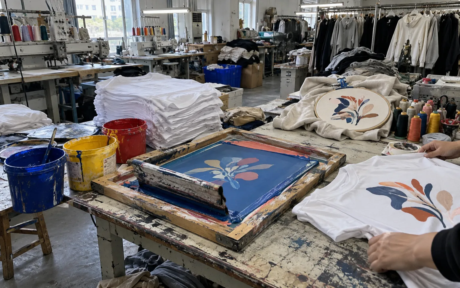 Mesa de trabajo con bastidor de serigrafía, rasqueta, cubos de tinta, camisetas sin estampar y bastidor de bordado en una sala de muestras.