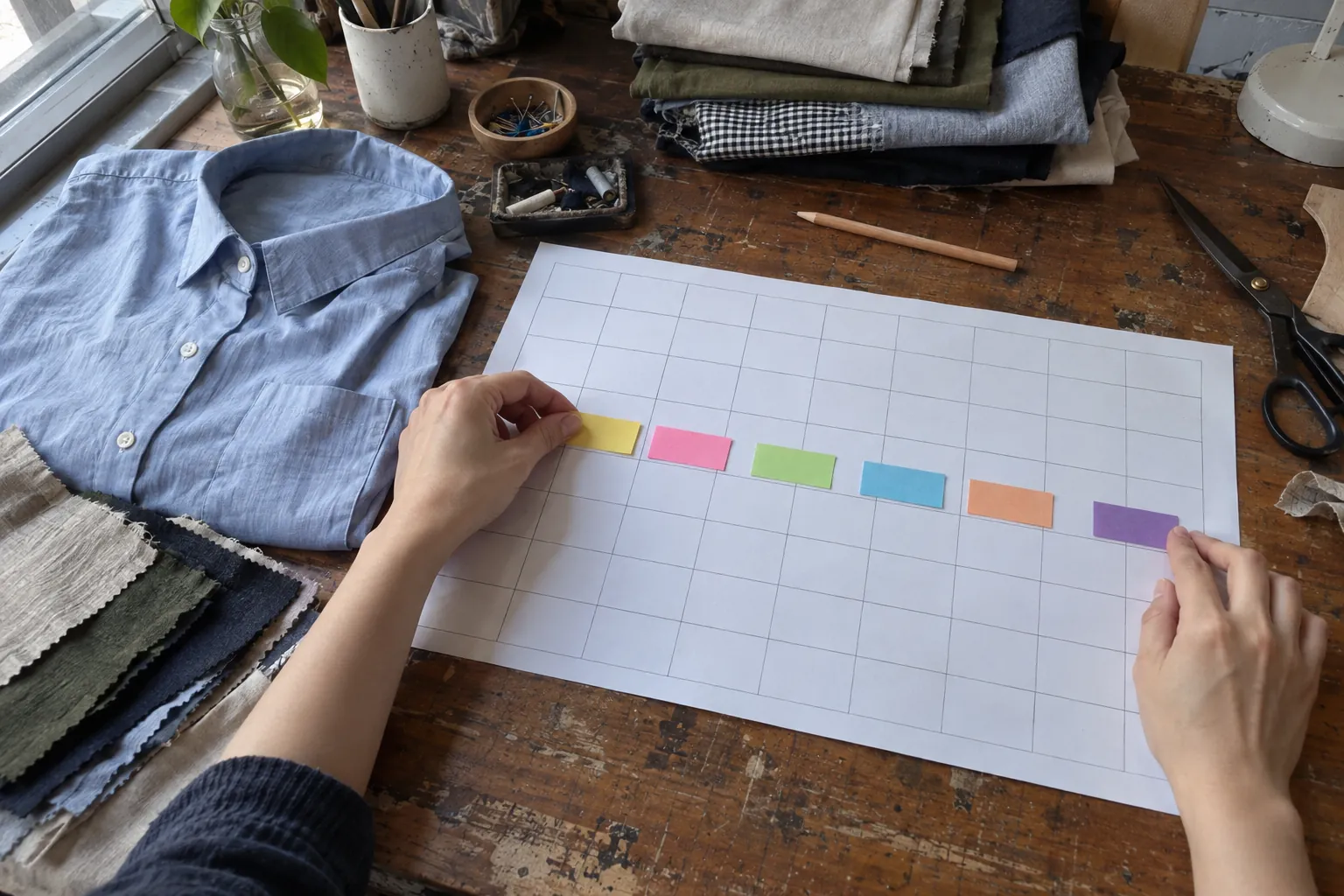 Mains disposant des onglets de planification colorés à côté d’une chemise servant d’échantillon et d’échantillons de tissu.