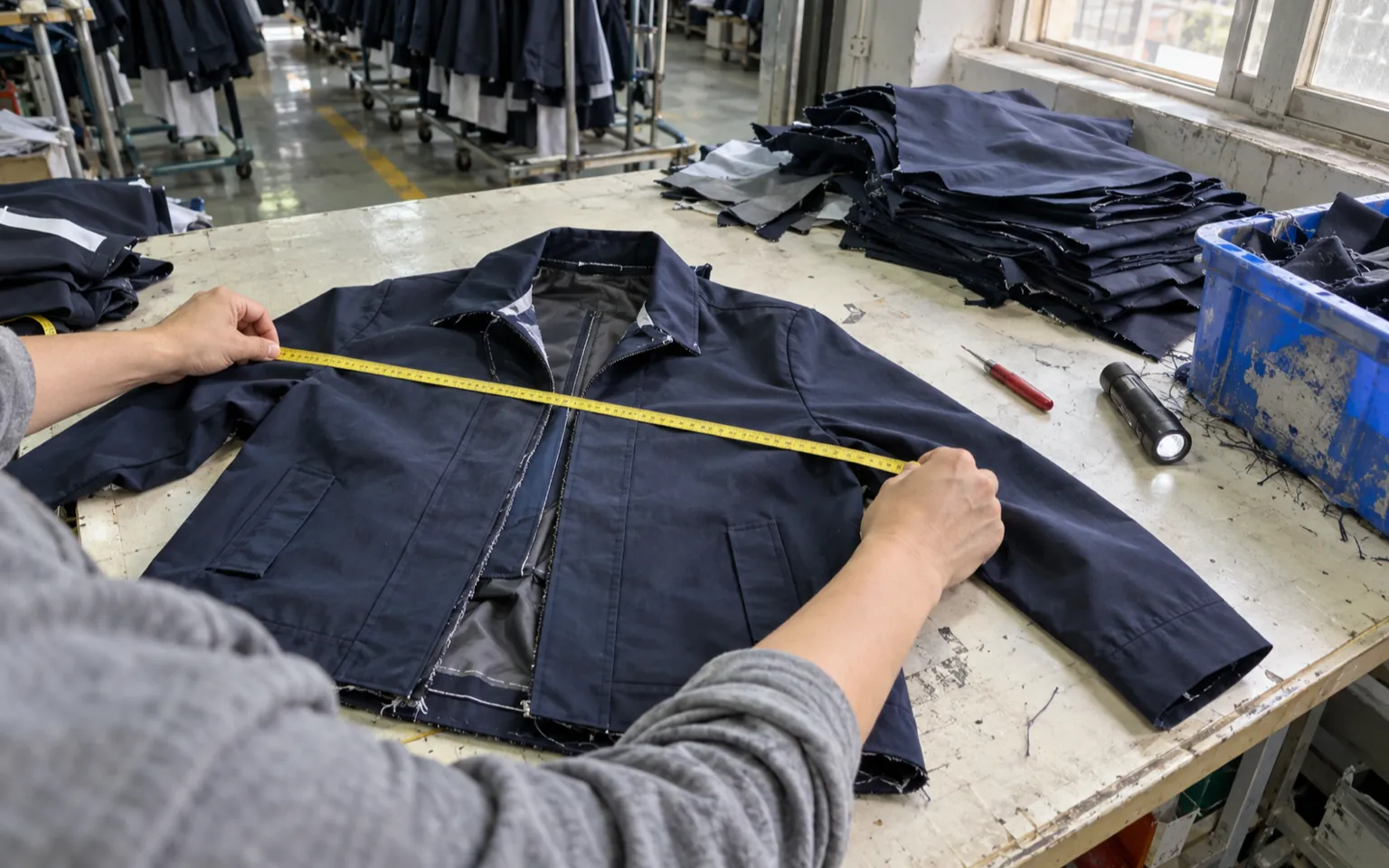 Hands measuring a half-finished jacket with a tape measure on a factory quality-check table